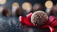 Chocolate truffle with coconut flakes on red silk ribbon against dark background with bokeh lights and sparkles, luxury confectionery photography.