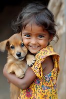 Young girl in yellow floral dress hugging brown puppy, both with bright smiles and expressive eyes. Natural lighting creates warm emotional portrait of childhood joy and friendship.