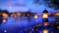 Glowing lighthouse beacon illuminates twilight harbor scene with magical bokeh lights and reflections on calm water surface creating dreamy atmospheric mood.