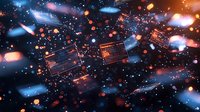 Glowing orange and blue particles with geometric shapes floating in dark space, creating dynamic motion effect with light trails and bokeh elements.