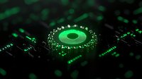 Glowing green gear mechanism on dark circuit board background with digital elements and technological patterns creates futuristic cyberpunk atmosphere.