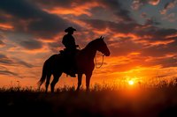Silhouette of cowboy riding horse against dramatic orange sunset sky with glowing sun and wild grass meadow. Atmospheric western scene captures freedom and adventure.