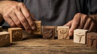 Senior man arranging wooden blocks with healthcare symbols on rustic table, representing medical services, wellness concepts, and health insurance planning.