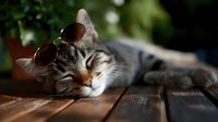 Relaxed gray tabby cat wearing sunglasses lying on wooden deck in summer sunshine, showing playful and cool attitude. Perfect for pet lifestyle and humor concepts.