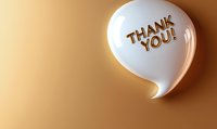 White speech bubble with golden thank you text on warm beige background. Minimalist gratitude message design for business communication and appreciation cards.