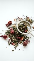 Loose leaf herbal tea blend with dried flowers and green tea leaves displayed with ornate metal strainer on white surface for beverage and wellness content.