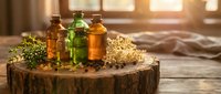 Essential oils in amber and green glass bottles with dried herbs on rustic wooden surface for aromatherapy and natural wellness treatments.