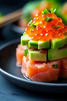 Fresh salmon tartare layered with avocado cubes and topped with bright red caviar and green onions, served on black plate with selective focus and soft lighting.
