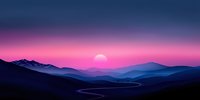 Dramatic mountain landscape at dusk with winding road through valley, pink and purple sky, rising moon creating mystical atmosphere. Panoramic nature scenery.