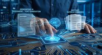 Professional businessman using artificial intelligence technology for document generation and data analysis in modern digital workspace environment.