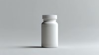 White medicine bottle with cap on light gray background casting soft shadow, minimalist pharmaceutical packaging mockup for supplement and vitamin products.