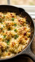 Golden baked potato gratin with melted cheese and fresh herbs in cast iron skillet on rustic wooden table. Comfort food casserole dish for family dinner.