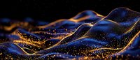 Abstract digital waves with glowing golden particles flowing on dark background, blue luminous lines creating dynamic futuristic landscape pattern.