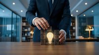 Business professional in dark suit holding wooden blocks with glowing lightbulb symbol representing innovation and creative problem-solving in modern office.