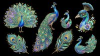 Peacock illustrations with vibrant plumage isolated on transparent background. Ready for t-shirt designs, clipart, stickers, sublimation, print-on-demand products and digital crafts.