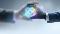 Businessman hand holding glowing digital infinity symbol representing endless possibilities, innovation, and continuous growth in technology and business development.