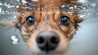 Close-up portrait of wet dog nose and eyes partially submerged in water, showing expressive blue eyes and ginger fur. Creative pet photography with selective focus.