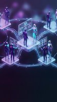 Futuristic business team collaboration on connected digital platforms with holographic interfaces and neon lighting for technology presentations.