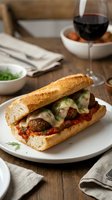 Gourmet meatball sandwich with melted cheese, tomato sauce, and fresh herbs on crusty bread, served with red wine for fine dining and restaurant menu use.