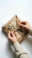 Hands wrapping kraft paper gift box with twine and eucalyptus leaves on white background. Sustainable packaging and eco-friendly present preparation.