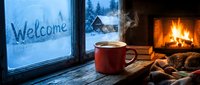 Steaming red mug on a frosty windowsill with welcome written on glass, cozy fireplace and sleeping cat in winter cabin interior.