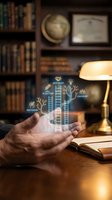 Hands holding holographic career growth ladder with mentorship icons above open book in warm library setting for professional development concepts.