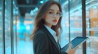 Young Asian businesswoman in glasses and suit holding digital tablet against blue neon city lights background, modern corporate lifestyle concept.
