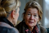 Mature Caucasian woman with concerned expression listening intently during serious conversation, wearing winter scarf and sweater in natural window light.