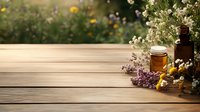 Rustic wooden table with essential oil bottle, honey jar and wildflowers arrangement in soft natural lighting, copy space for wellness and natural medicine concepts.