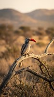 Red-billed hornbill perched on weathered branch in African savanna landscape with warm golden light and blurred mountain backdrop during sunset hour.