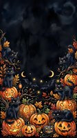 Black cats and carved pumpkins with autumn leaves and crescent moons on dark background. Spooky seasonal design for Halloween decorations, greeting cards, and fall-themed marketing materials.