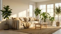 Bright living room with beige sectional sofa, throw blankets, wooden coffee table, potted plants, and natural light from large windows. Suitable for interior design, home decor, and lifestyle content.