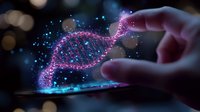 Glowing DNA helix structure with pink and blue particles floating above digital screen as fingers interact with holographic genetic visualization in dark space.