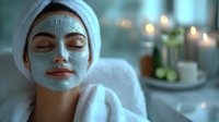 Young Asian woman relaxing with blue clay facial mask during spa treatment, wearing white towel, with candles and aromatherapy oils in background.