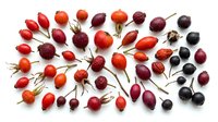 Assorted fresh rosehips and berries in red, burgundy, and black tones arranged on white background, displaying various sizes and ripeness stages for culinary, botanical, or nutritional content.