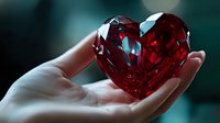 Crystal red heart shape held gently in feminine hand against blurred teal background, symbolizing love, care and precious relationships.
