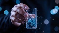 Hand holding glass with glowing blue liquid splashing and creating magical sparkles against dark background with bokeh lights. Perfect for beverage advertising.