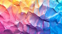 Vibrant gradient abstract background with crumpled paper texture transitioning from pink through yellow to blue, creating dynamic dimensional surface with light and shadows.