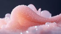 Soft pink organic abstract shapes with water droplets and delicate sparkles on dark background create dreamy macro photography composition.