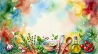 Watercolor cooking ingredients and fresh herbs arranged around mixing bowl with kitchen utensils, oil bottle and vegetables on white background for culinary design projects.