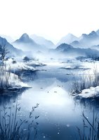 Serene winter landscape with misty mountains reflected in calm lake waters, snow-covered shores, bare trees, and wild ducks swimming in cool blue tones.