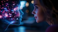 Young Caucasian woman facing digital holographic head silhouette with glowing particles and bokeh lights, representing artificial intelligence and human interaction.