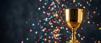 Golden trophy cup with colorful confetti celebration background for awards ceremonies, competitions, achievements, and victory recognition events.
