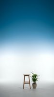 Minimalist wooden stool with green plant in pot against blue gradient background for modern interior design and home decor concepts.