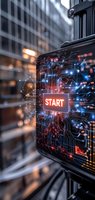 Digital start button with glowing circuit board patterns and neon lights on urban building facade for technology and innovation concepts.