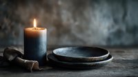 Rustic ceramic plates and burning candle create atmospheric table setting with moody lighting on weathered wooden surface for dining concepts.