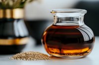 Glass teapot with amber liquid and scattered quinoa seeds on light surface against dark background, selective focus on transparent vessel and grains.