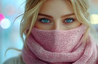 Young woman with striking blue eyes wearing pink knitted scarf wrapped around lower face against winter cold, soft bokeh lights in background creates dreamy atmosphere.