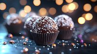 Dark chocolate truffles with sprinkles on black surface against blurred golden bokeh lights background, festive dessert photography with shallow depth of field.