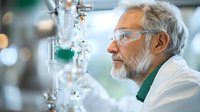 Senior Caucasian male scientist with gray beard wearing protective eyewear and lab coat examines chemical equipment in modern research laboratory setting.